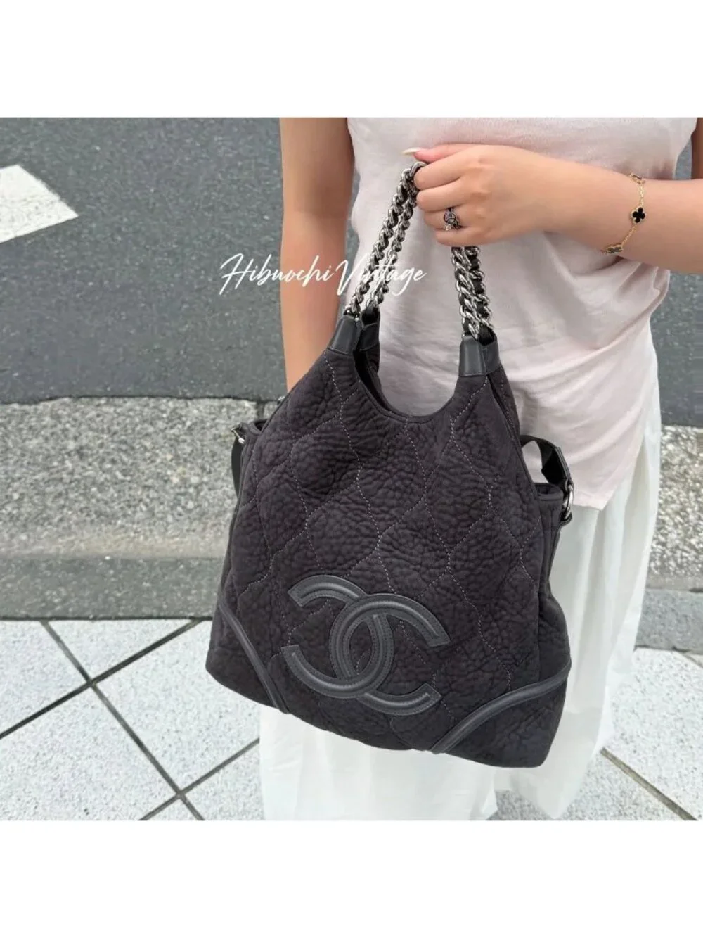 Chanel Sports Line CC Logo Chain Shoulder Bag Suede Leather Gray Silver Vintage